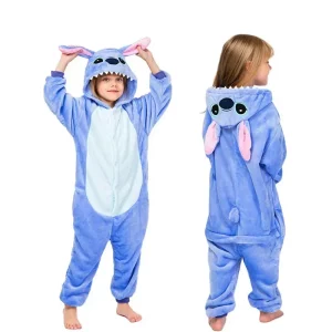 Disney Lilo & Stitch One-Piece Pajamas Children Cartoon Plush Kigurumi Onesies Winter Warm Clothes for Boys Girls Christmas Gift